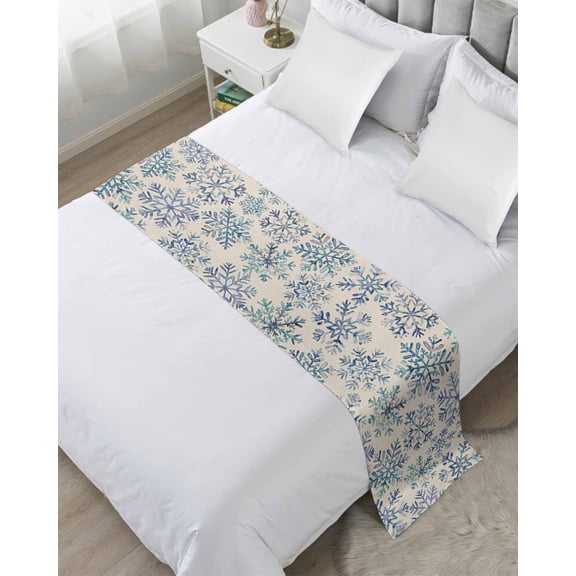 Bed Runner Scarf Twin Size, Blue Snowflake Christmas Stain Bed Runners & Scarves for Foot of Beds, Xmas Snowflake Vintage Decorative Bedding Runner Scarf for Hotel Home Bedroom