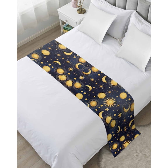 Bed Runner Scarf Twin Size, Blue Star Sky Stain Bed Runners & Scarves for Foot of Beds, Retro Fantasy Farmhouse Gold Moon Sun Decorative Bedding Runner Scarf for Hotel Home Bedroom