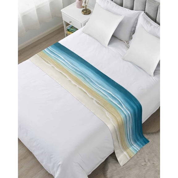 Bed Runner Scarf Twin Size, Blue Summer Beach Coastal Stain Bed Runners & Scarves for Foot of Beds, Nautical Beige Seaside Decorative Bedding Runner Scarf for Hotel Home Bedroom 71 x20 Inch