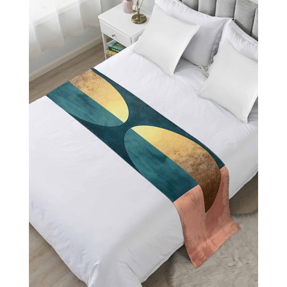 Bed Runner Scarf Twin Size, Boho Stain Bed Runners & Scarves for Foot of Beds, Modern Abstract Gold Teal Geometric Art Decorative Bedding Runner Scarf for Hotel Home Bedroom