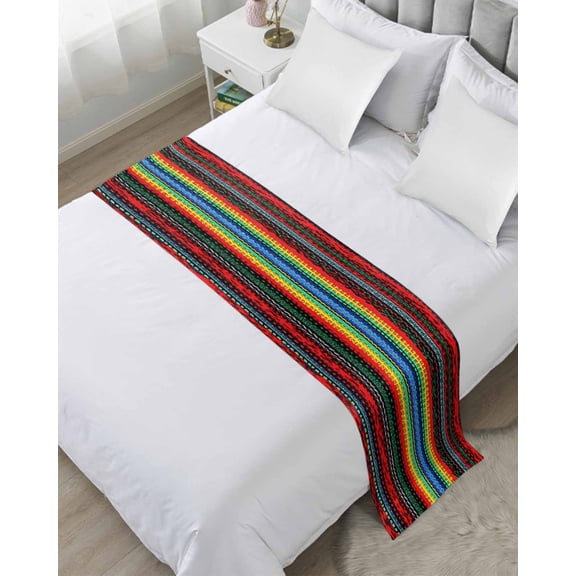 Bed Runner Scarf Twin Size, Boho Stripes Stain Bed Runners & Scarves for Foot of Beds, Rainbow Red Blue Blue Green Ethnic Pattern Decorative Bedding Runner Scarf for Hotel Home Bedroom