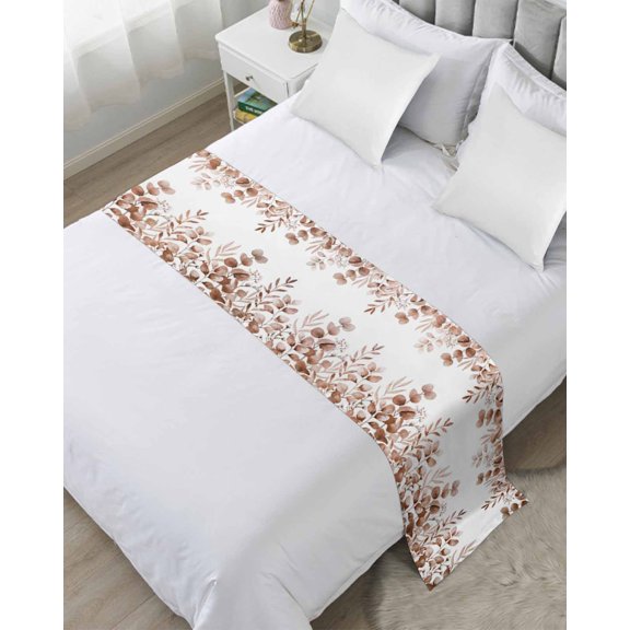 Bed Runner Scarf Twin Size, Brown Red Eucalyptus Leaves Stain Bed Runners & Scarves for Foot of Beds, Watercolor Spring Summer Botanical Decorative Bedding Runner Scarf for Hotel 71 x20 Inch