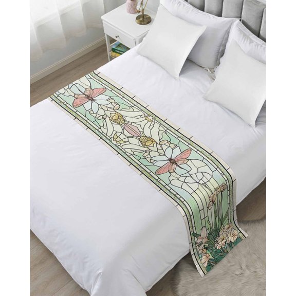 Bed Runner Scarf Twin Size, Butterfly Flowers Stain Bed Runners & Scarves for Foot of Beds, Vintage Stained Glass Green Spring Decorative Bedding Runner Scarf for Hotel Home Bedroom