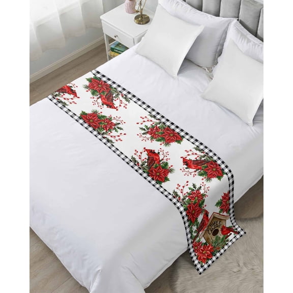 Bed Runner Scarf Twin Size, Christmas Cardinal Stain Bed Runners & Scarves for Foot of Beds, Winter Xmas Holly Poinsettia Plaid Decorative Bedding Runner Scarf for Hotel Home Bedroom