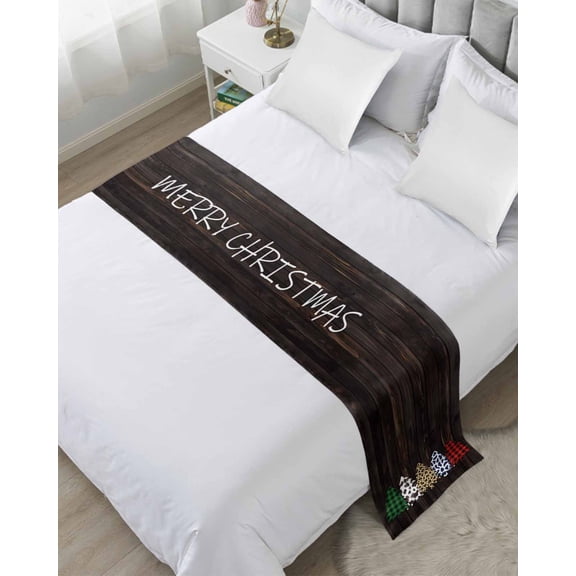 Bed Runner Scarf Twin Size, Christmas Tree Stain Bed Runners & Scarves for Foot of Beds, Cow Leopard Print Plants Wooden Grain Decorative Bedding Runner Scarf for Hotel Home Bedroom