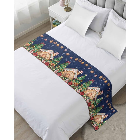 Bed Runner Scarf Twin Size, Christmas Tree Stain Bed Runners & Scarves for Foot of Beds, Winter House Snowflake Gingerbread Decorative Bedding Runner Scarf for Hotel Home Bedroom