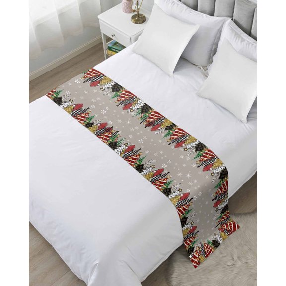 Bed Runner Scarf Twin Size, Christmas Trees Stain Bed Runners & Scarves for Foot of Beds, Xmas Snowflakes Buffalo Plaid Gray Decorative Bedding Runner Scarf for Hotel Home Bedroom