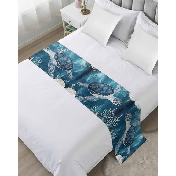 Bed Runner Scarf Twin Size, Coastal Blue Sea Turtle Stain Bed Runners & Scarves for Foot of Beds, Summer Nautical Ocean Shell Decorative Bedding Runner Scarf for Hotel Home Bedroom
