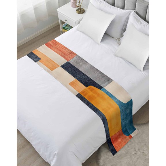 Bed Runner Scarf Twin Size, Colorful Block Stain Bed Runners & Scarves for Foot of Beds, Vintage Abstract Art Geometric Decorative Bedding Runner Scarf for Hotel Home Bedroom