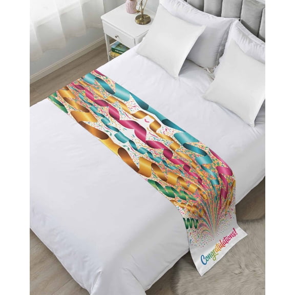 Bed Runner Scarf Twin Size, Colorful Congratulations Stain Bed Runners & Scarves for Foot of Beds, Funny Words Graduation Season Decorative Bedding Runner Scarf for Hotel Home Bedroom