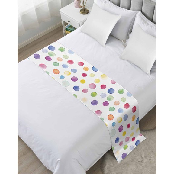 Bed Runner Scarf Twin Size, Colorful Polka Dot Stain Bed Runners & Scarves for Foot of Beds, Rainbow Polka Dot Watercolor Decorative Bedding Runner Scarf for Hotel Home Bedroom
