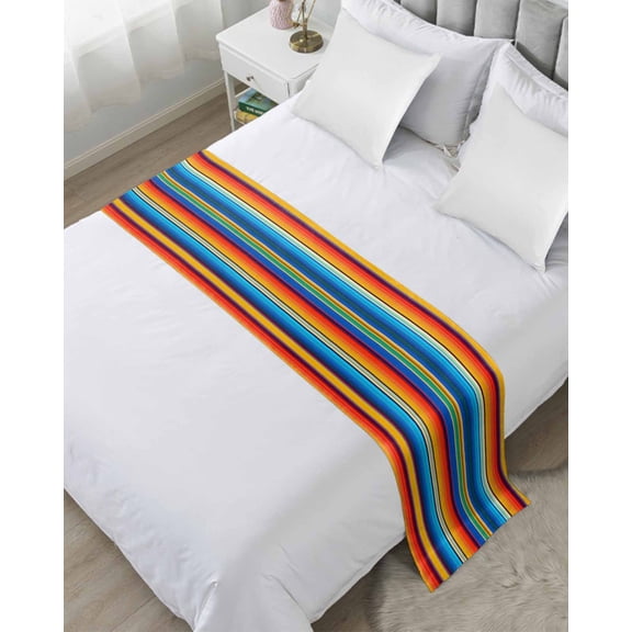 Bed Runner Scarf Twin Size, Colorful Striped Stain Bed Runners & Scarves for Foot of Beds, Boho Rainbow Abstract Stripes Lines Decorative Bedding Runner Scarf for Hotel Home Bedroom