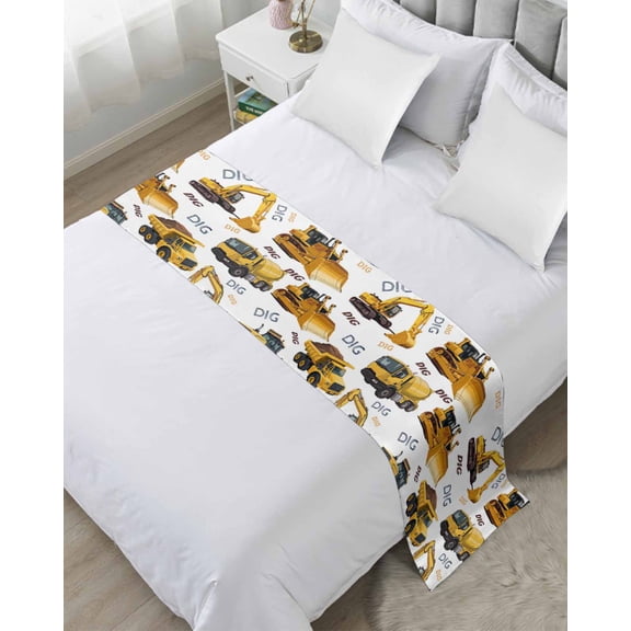 Bed Runner Scarf Twin Size, Construction Truck Stain Bed Runners & Scarves for Foot of Beds, Cartoon Grips and Bulldozers Stirrup Car Decorative Bedding Runner Scarf for Hotel 71 x20 Inch