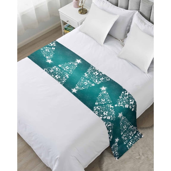 Bed Runner Scarf Twin Size, Dream Christmas Tree Stain Bed Runners & Scarves for Foot of Beds, Cyan Xmas Tree Sparkle Star Reindeer Decorative Bedding Runner Scarf for Hotel Home Bedroom