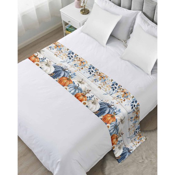 Bed Runner Scarf Twin Size, Fall Pumpkin Stain Bed Runners & Scarves for Foot of Beds, Thanksgiving Blue White Orange Plants Wood Decorative Bedding Runner Scarf for Hotel Home Bedroom