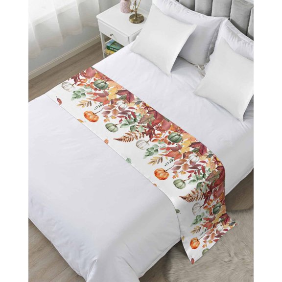 Bed Runner Scarf Twin Size, Fall Pumpkins Stain Bed Runners & Scarves for Foot of Beds, Thanksgiving Eucalyptus Autumn Leaves Decorative Bedding Runner Scarf for Hotel Home Bedroom