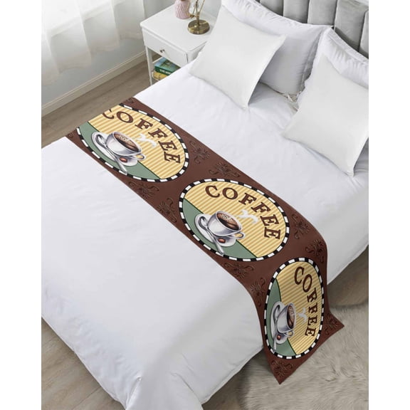 Bed Runner Scarf Twin Size, Farmhouse Coffee Stain Bed Runners & Scarves for Foot of Beds, Vintage Coffee Cup Beans Country Decorative Bedding Runner Scarf for Hotel Home Bedroom
