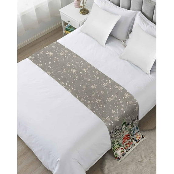 Bed Runner Scarf Twin Size, Gray Christmas Stain Bed Runners & Scarves for Foot of Beds, Retro Winter Gnomes Snowflake Xmas Tree Decorative Bedding Runner Scarf for Hotel Home Bedroom