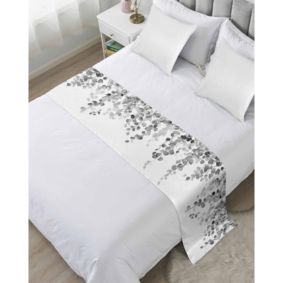 Bed Runner Scarf Twin Size, Grey Eucalyptus Leaves Stain Bed Runners & Scarves for Foot of Beds, Summer Farmhouse Botanical Decorative Bedding Runner Scarf for Hotel Home Bedroom