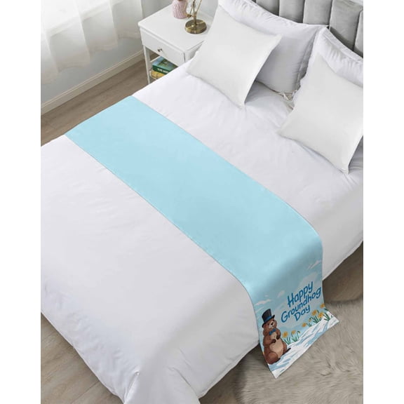 Bed Runner Scarf Twin Size, Happy Groundhog Day Stain Bed Runners & Scarves for Foot of Beds, Cartoon Cute Ground Hog Flowers Sky Blue Decorative Bedding Runner Scarf for Hotel 71 x20 Inch