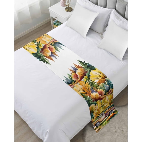 Bed Runner Scarf Twin Size, Hello Autumn Fall Truck Stain Bed Runners & Scarves for Foot of Beds, Thanksgiving Forest Pumpkins Decorative Bedding Runner Scarf for Hotel Home Bedroom