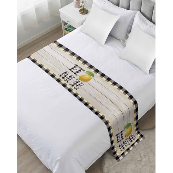 Bed Runner Scarf Twin Size, Lemon Stain Bed Runners & Scarves for Foot of Beds, Summer Botanical Black White Plaid Pastoral Wooden Decorative Bedding Runner Scarf for Hotel Home Bedroom 71 x20 Inch