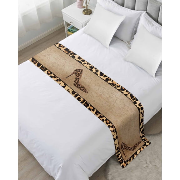 Bed Runner Scarf Twin Size, Leopard Print Stain Bed Runners & Scarves for Foot of Beds, Vintage Rustic High Heels Animal Texture Decorative Bedding Runner Scarf for Hotel Home Bedroom