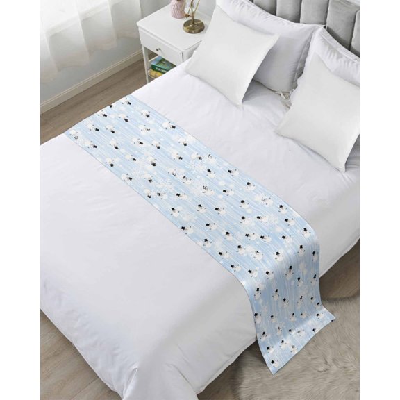 Bed Runner Scarf Twin Size, Light Blue Christmas Stain Bed Runners & Scarves for Foot of Beds, Xmas Snowflake Snowman Decorative Bedding Runner Scarf for Hotel Home Bedroom