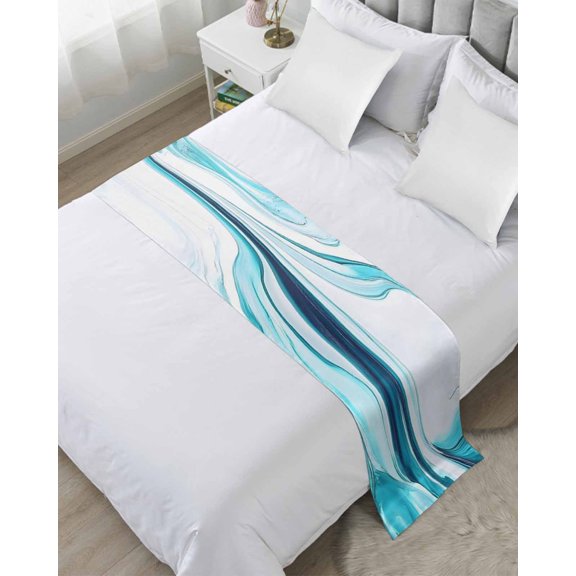 Bed Runner Scarf Twin Size, Marble Ripple Stain Bed Runners & Scarves for Foot of Beds, Blue White Marble Lines Abstract Art Decorative Bedding Runner Scarf for Hotel Home Bedroom