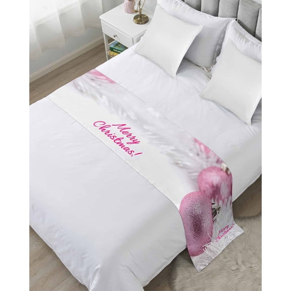 Bed Runner Scarf Twin Size, Merry Christmas Stain Bed Runners & Scarves for Foot of Beds, Pink Xmas Balls Shining Dreaming Winter Holiday Decorative Bedding Runner Scarf for Hotel Home Bedroom