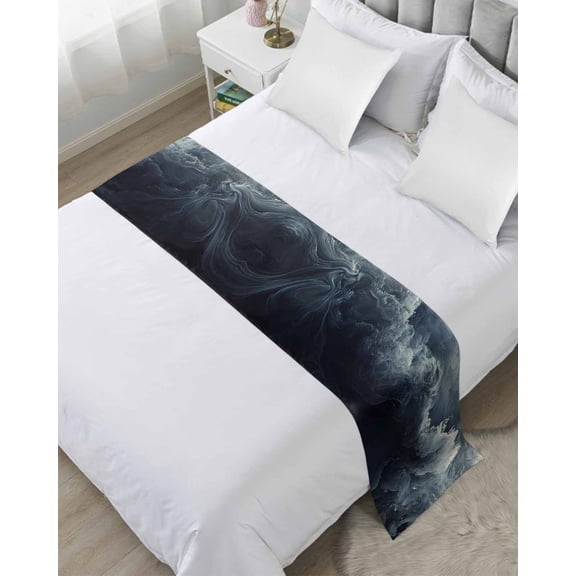 Bed Runner Scarf Twin Size, Navy Blue Abstract Art Stain Bed Runners & Scarves for Foot of Beds, Modern Waves Art Decorative Bedding Runner Scarf for Hotel Home Bedroom