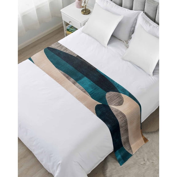 Bed Runner Scarf Twin Size, Navy Blue Boho Stain Bed Runners & Scarves for Foot of Beds, Circle Beige Vintage Modern Decorative Bedding Runner Scarf for Hotel Home Bedroom