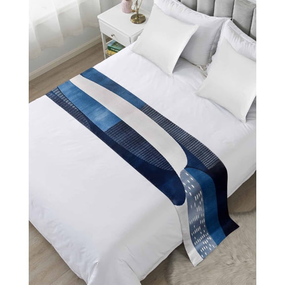 Bed Runner Scarf Twin Size, Navy Blue Boho Stain Bed Runners & Scarves for Foot of Beds, White Circle Abstract Art Decorative Bedding Runner Scarf for Hotel Home Bedroom