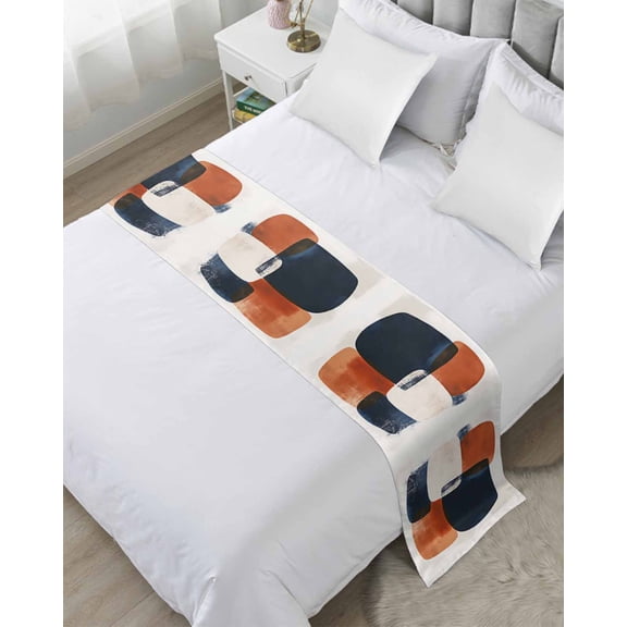 Bed Runner Scarf Twin Size, Navy Blue Brown Stain Bed Runners & Scarves for Foot of Beds, Geometric Modern Abstract Art Decorative Bedding Runner Scarf for Hotel Home Bedroom