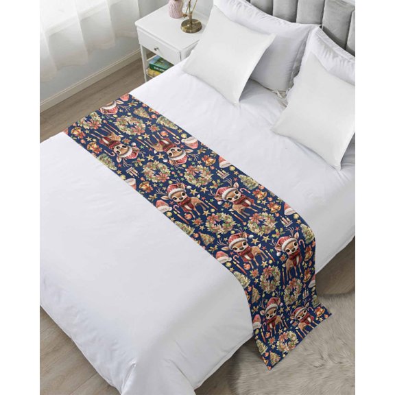 Bed Runner Scarf Twin Size, Navy Blue Christmas Stain Bed Runners & Scarves for Foot of Beds, Elk Xmas Tree Wreath Balls Bell Decorative Bedding Runner Scarf for Hotel Home Bedroom