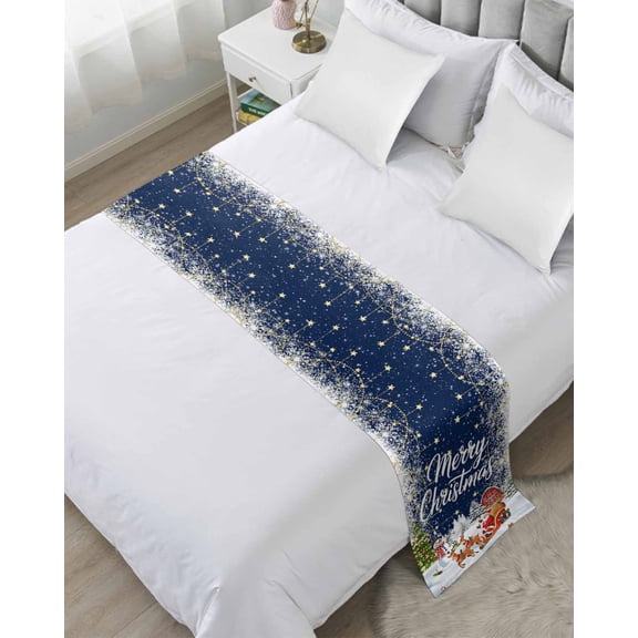 Bed Runner Scarf Twin Size, Navy Blue Christmas Stain Bed Runners & Scarves for Foot of Beds, Santa Snowman Snowflake Elk Xmas Tree Decorative Bedding Runner Scarf for Hotel Home Bedroom