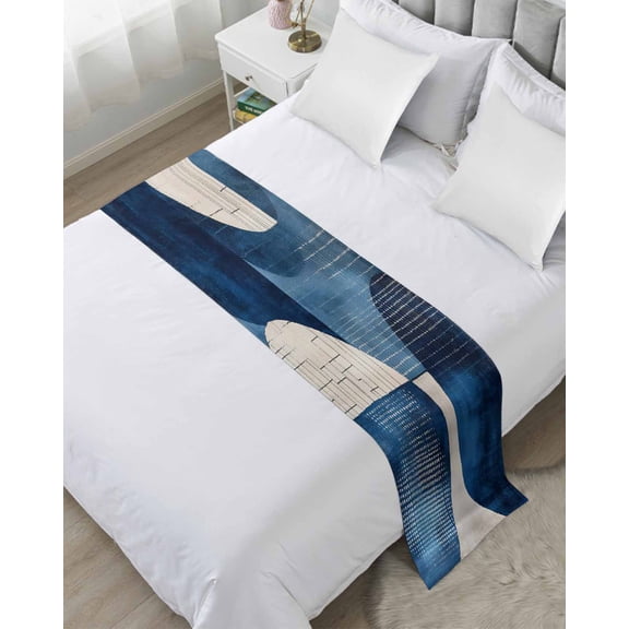 Bed Runner Scarf Twin Size, Navy Blue Geometric Stain Bed Runners & Scarves for Foot of Beds, Boho Color Block Artwork Decorative Bedding Runner Scarf for Hotel Home Bedroom