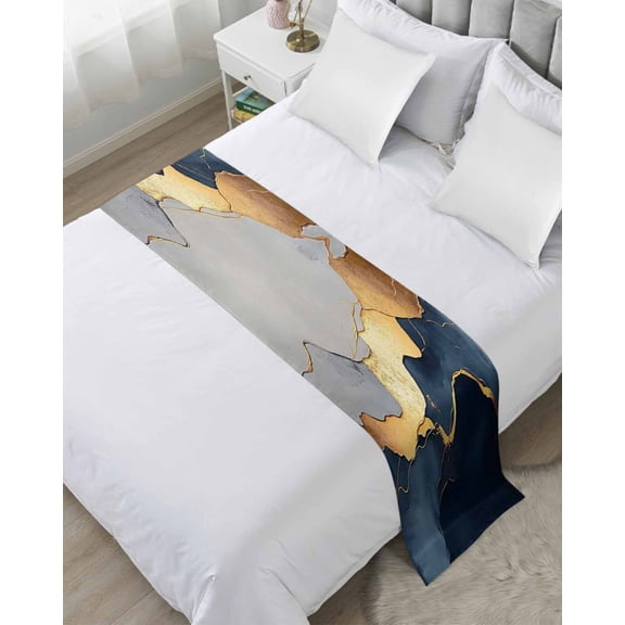 Bed Runner Scarf Twin Size, Navy Blue Geometric Stain Bed Runners & Scarves for Foot of Beds, Modern Abstract Luxury Golden Decorative Bedding Runner Scarf for Hotel Home Bedroom