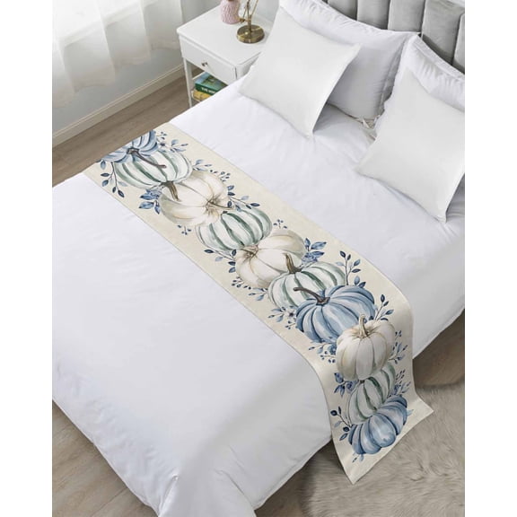 Bed Runner Scarf Twin Size, Navy Blue Pumpkin Fall Stain Bed Runners & Scarves for Foot of Beds, Thanksgiving Botanical Leaves Rustic Decorative Bedding Runner Scarf for Hotel Home Bedroom