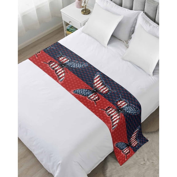Bed Runner Scarf Twin Size, Navy Blue Red Butterfly Stain Bed Runners & Scarves for Foot of Beds, Stars Modern Abstract Art Decorative Bedding Runner Scarf for Hotel Home Bedroom