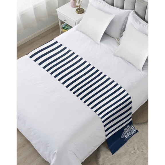 Bed Runner Scarf Twin Size, Navy Blue Stain Bed Runners & Scarves for Foot of Beds, Nautical Coastal Sea Abstract Art Decorative Bedding Runner Scarf for Hotel Home Bedroom 71 x20 Inch