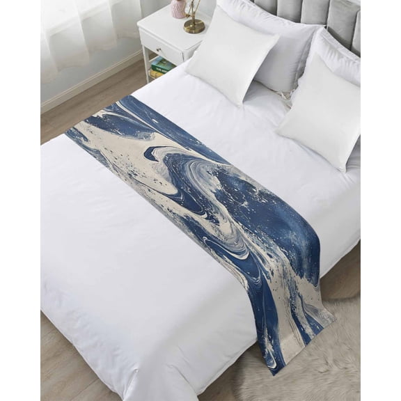 Bed Runner Scarf Twin Size, Navy White Stain Bed Runners & Scarves for Foot of Beds, Marble Modern Artwork Decorative Bedding Runner Scarf for Hotel Home Bedroom