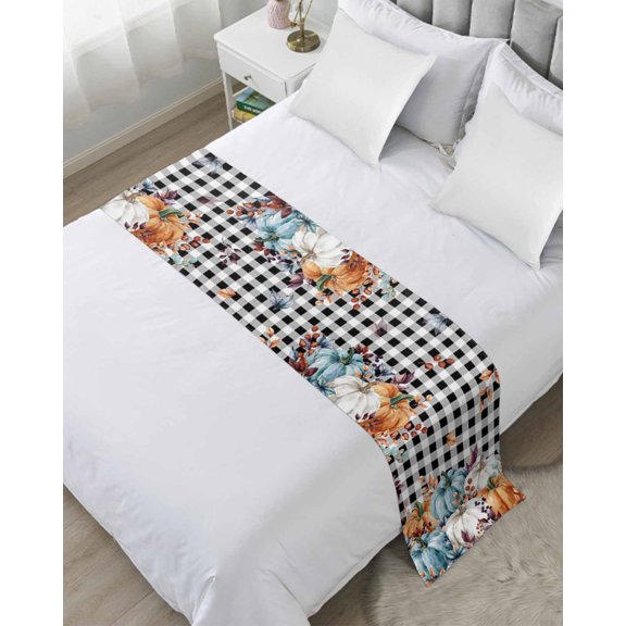Bed Runner Scarf Twin Size, Orange Blue Grey Pumpkins Fall Stain Bed Runners & Scarves for Foot of Beds, Thanksgiving Botanical Plaid Decorative Bedding Runner Scarf for Hotel Home Bedroom
