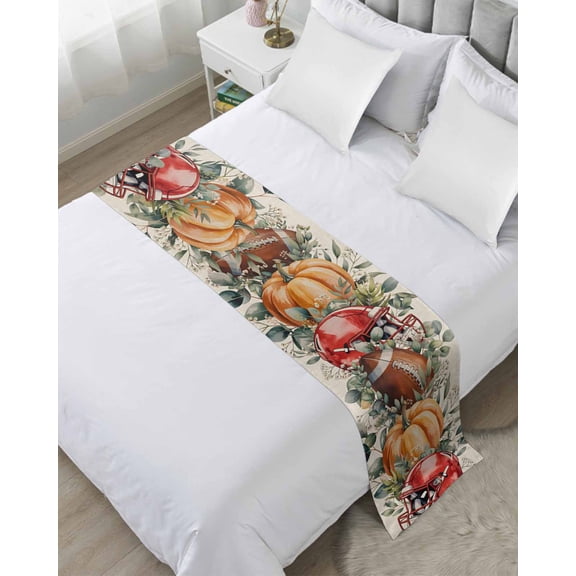 Bed Runner Scarf Twin Size, Orange Pumpkin Fall Stain Bed Runners & Scarves for Foot of Beds, Rugby Thanksgiving Eucalyptus Leaves Rustic Decorative Bedding Runner Scarf for Hotel Home Bedroom