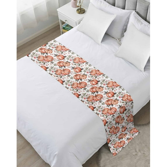 Bed Runner Scarf Twin Size, Orange Pumpkin Stain Bed Runners & Scarves for Foot of Beds, Thanksgiving Autumn Fall Leaf Flower Decorative Bedding Runner Scarf for Hotel Home Bedroom