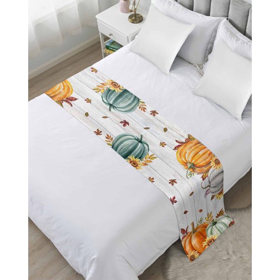 Bed Runner Scarf Twin Size, Orange Pumpkins Fall Stain Bed Runners & Scarves for Foot of Beds, Thanksgiving Botanical Sunflower Wooden Decorative Bedding Runner Scarf for Hotel Home Bedroom