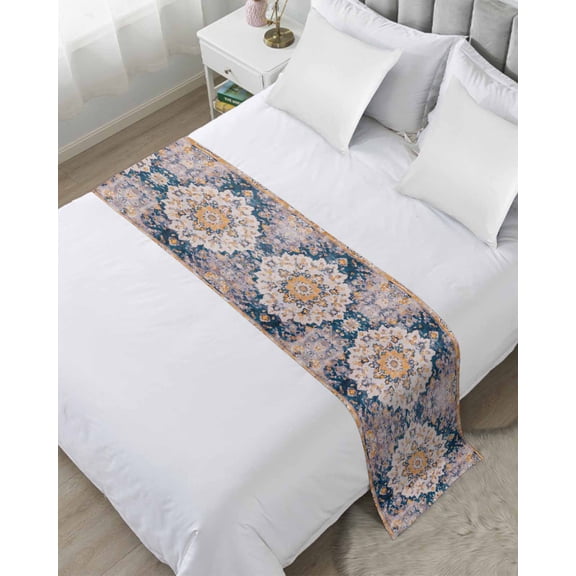 Bed Runner Scarf Twin Size, Purple Orange Ethnic Stain Bed Runners & Scarves for Foot of Beds, Traditional Tribes Floral Decorative Bedding Runner Scarf for Hotel Home Bedroom