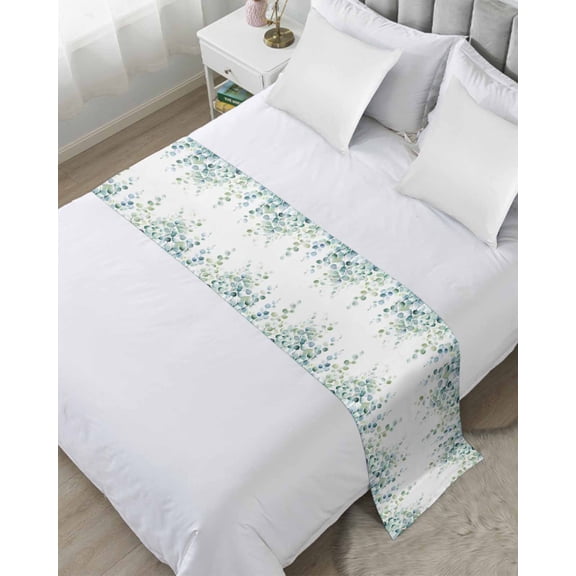 Bed Runner Scarf Twin Size, Sage Green Eucalyptus Stain Bed Runners & Scarves for Foot of Beds, Watercolor Botanical Leaves Decorative Bedding Runner Scarf for Hotel Home Bedroom