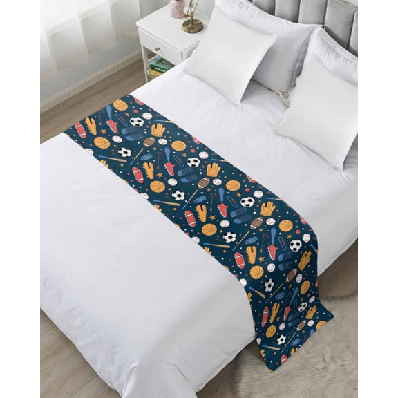 Bed Runner Scarf Twin Size, Sports Theme Stain Bed Runners & Scarves for Foot of Beds, Cartoon Soccer Baseball Basketball Star Blue Decorative Bedding Runner Scarf for Hotel Home Bedroom