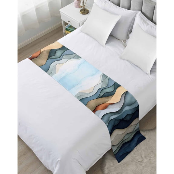 Bed Runner Scarf Twin Size, Summer Coastal Stain Bed Runners & Scarves for Foot of Beds, Modern Abstract Watercolor Wave Decorative Bedding Runner Scarf for Hotel Home Bedroom
